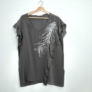 REBECCA TAYLOR Silk Sequin Feather Top